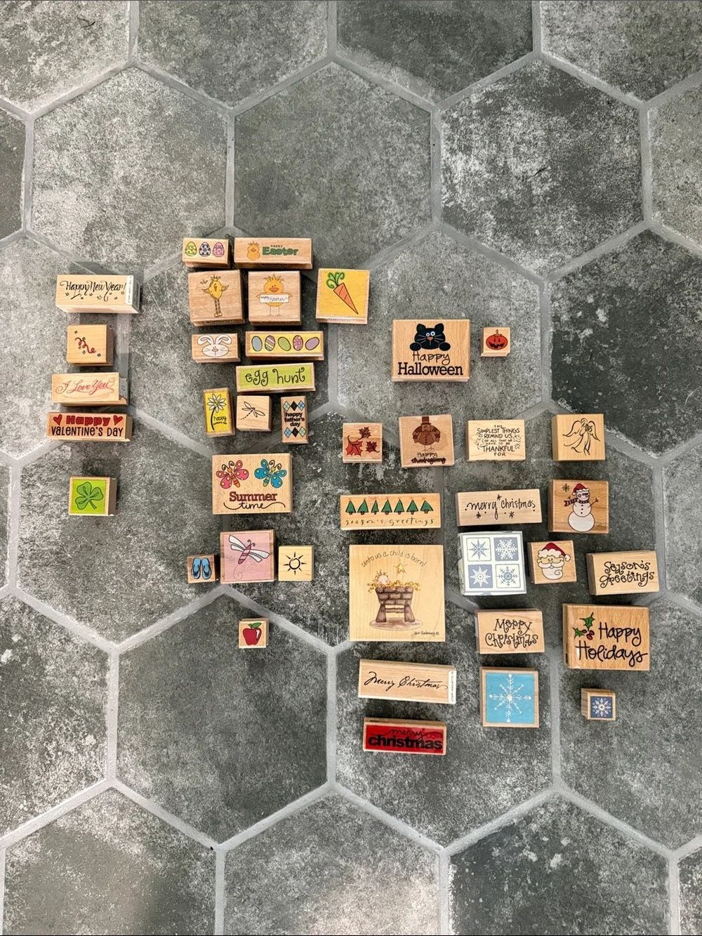 Giant Lot of 43 Mixed Holiday Wooden Rubber Stamps - Assorted Seasonal Designs